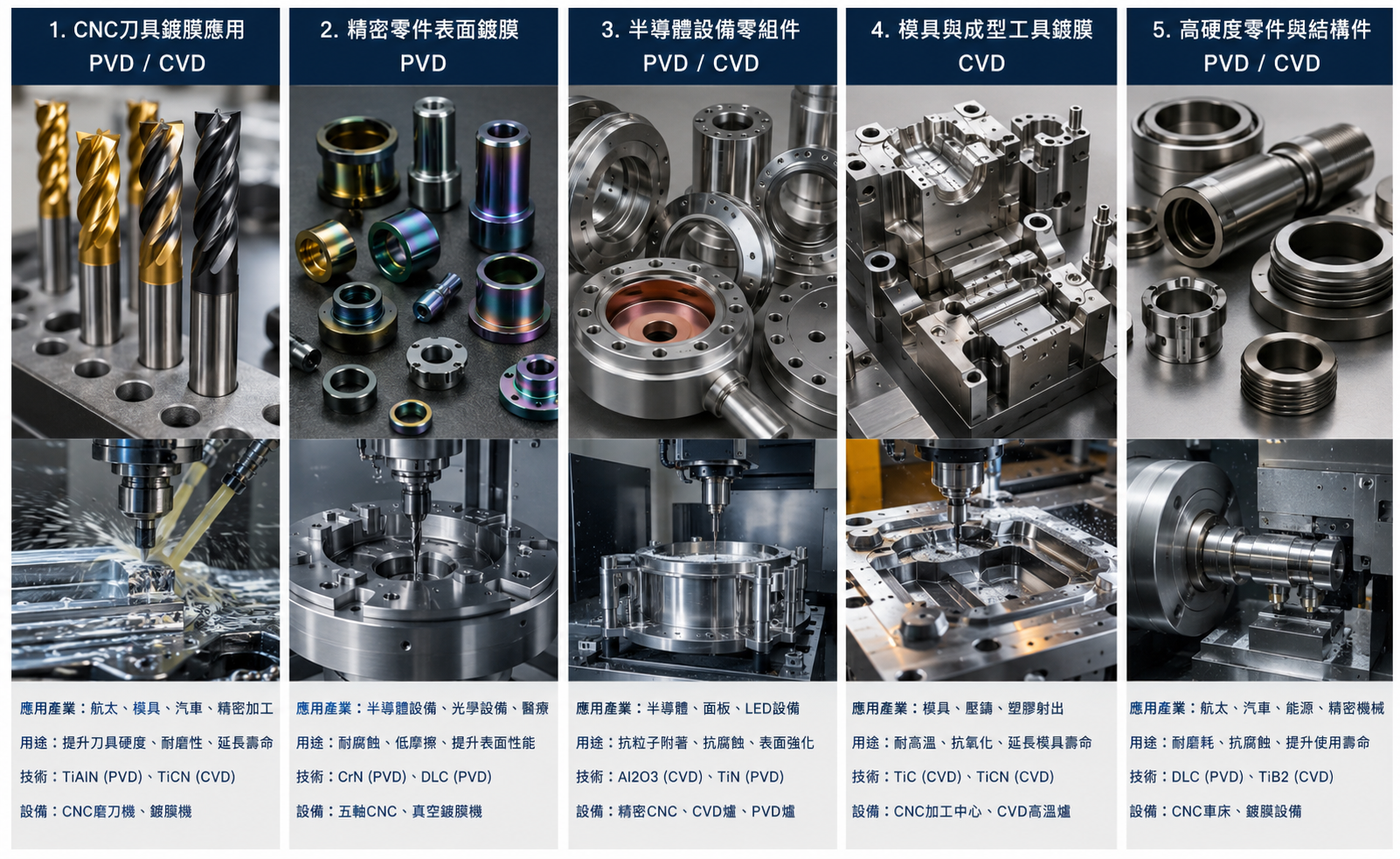PVD and CVD are two major thin film deposition technologies. Their roles, applications, factory processes, and differences lie in CNC machining, precision parts manufacturing, semiconductor equipment components, tool coating, and advanced surface engineering.