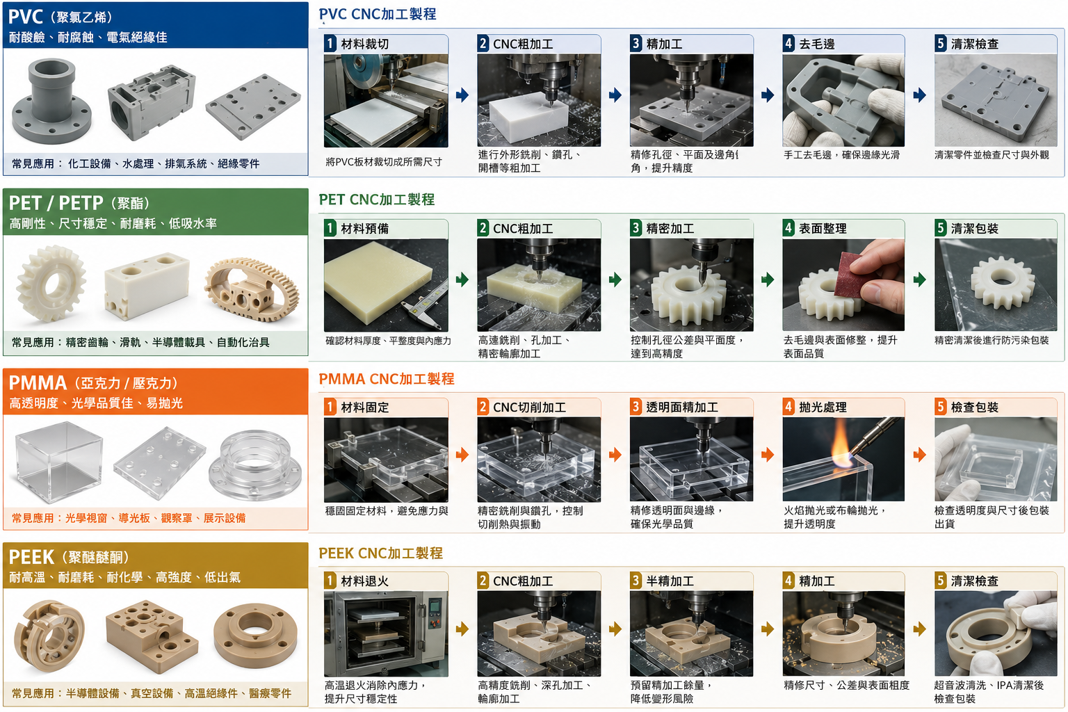 PVC 聚酯 亞克力（PMMA） peek cnc 加工說明及製程