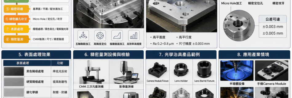 光學治具加工（Optical Fixture Machining）專注於生產半導體、相機鏡頭及雷射模組等應用所需的超高精度零組件