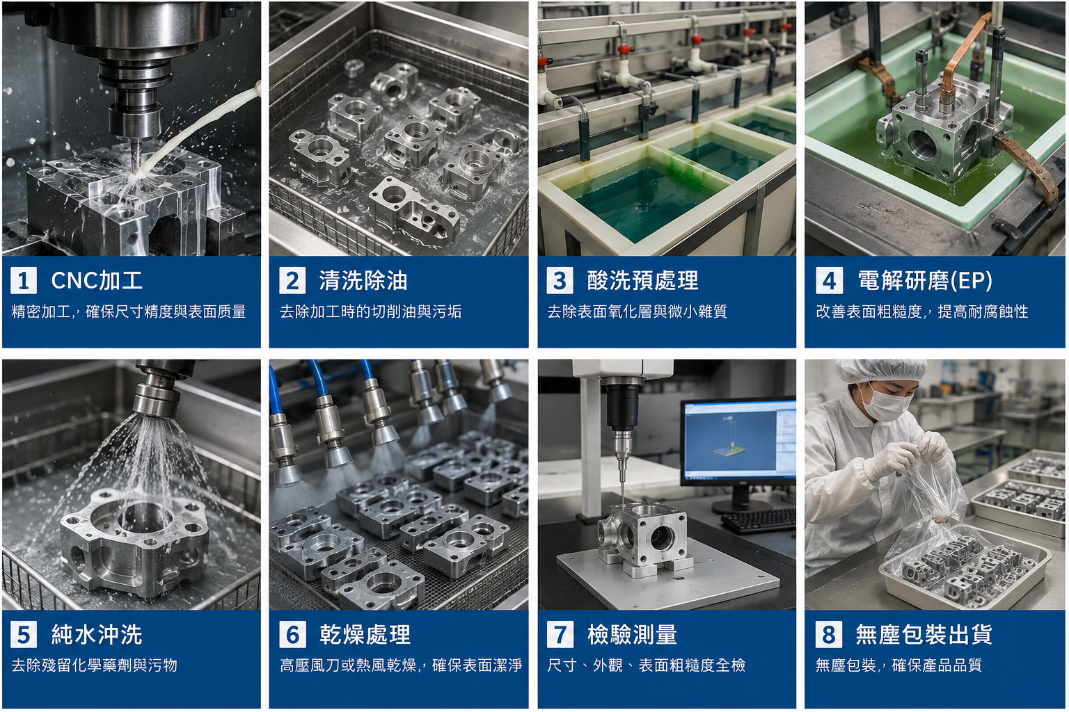 CNC加工業界で使用される電解研磨（EP）は、非接触型の電気化学的表面処理技術です。主に直流電流と電解液を用いて金属表面の微細な突起を選択的に溶解し、平滑化、バリ取り、汚染層の除去、耐食性および清浄度の向上を実現します。そのため、逆めっきとも呼ばれています。